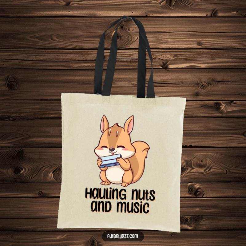 Funny squirrel tote bag showing a happy squirrel intensely concentrating while playing a tiny harmonica, perfect for carrying essentials.
