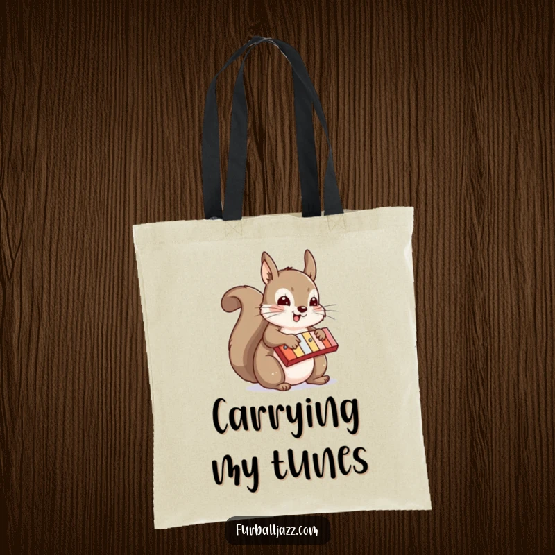 Funny squirrel with a xylophone on a durable tote bag, capturing a moment of musical delight, great funny gift.