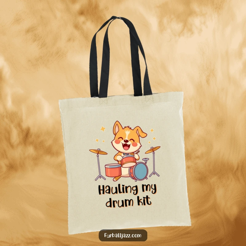Funny tote bag depicting an energetic dog character enthusiastically playing drums, ready to bring rhythm to any outing.