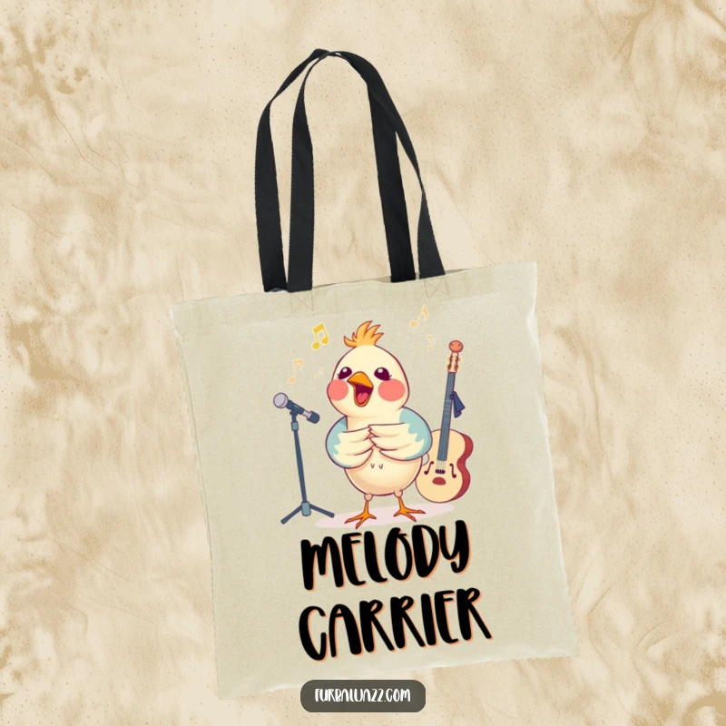 Funny bird singing passionately with a jazz band, illustrated on a stylish tote bag for music fans.
