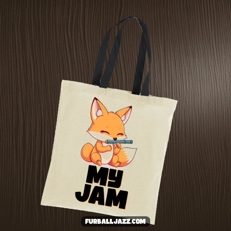 Funny fox with eyes closed, performing a dramatic clarinet solo on a durable and stylish tote bag.