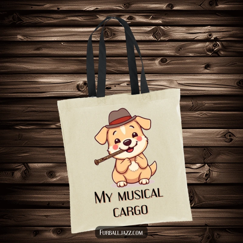 Funny dog tote bag featuring a round, happy dog wearing a miniature fedora and playing a clarinet with a cool, jazzy vibe.